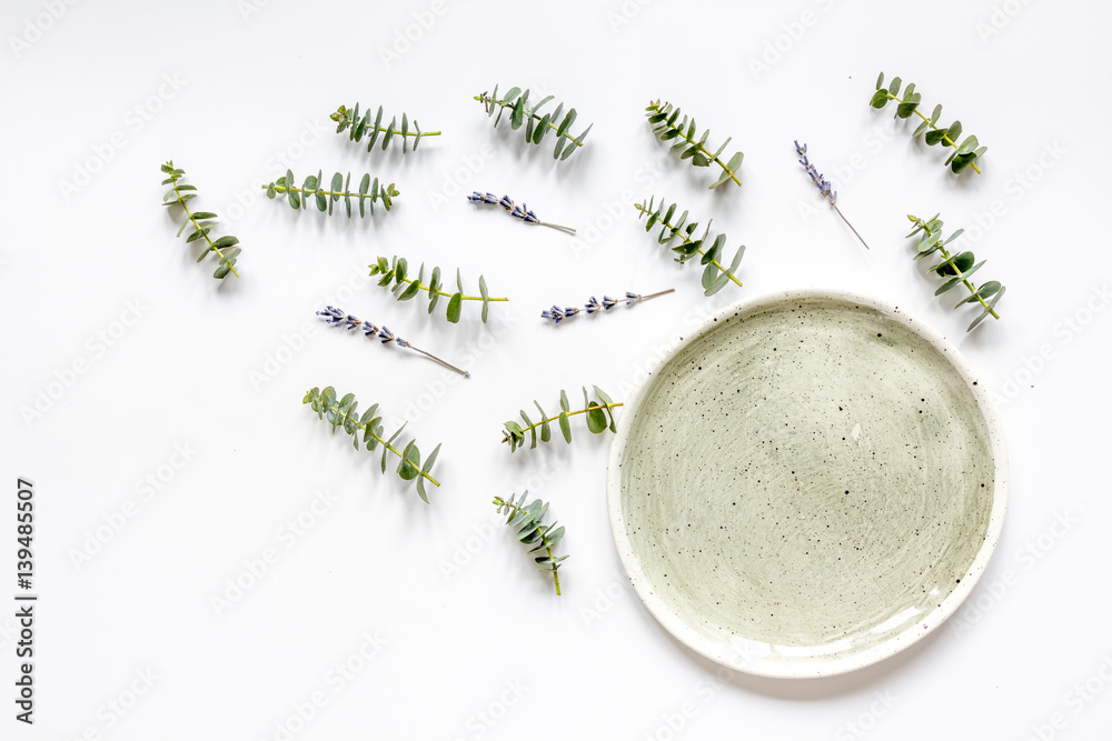 trendy breakfast design with lavander and eucalyptus top view mock-up