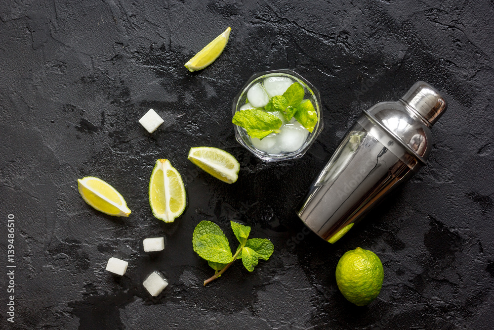 making mojito on dark background top view