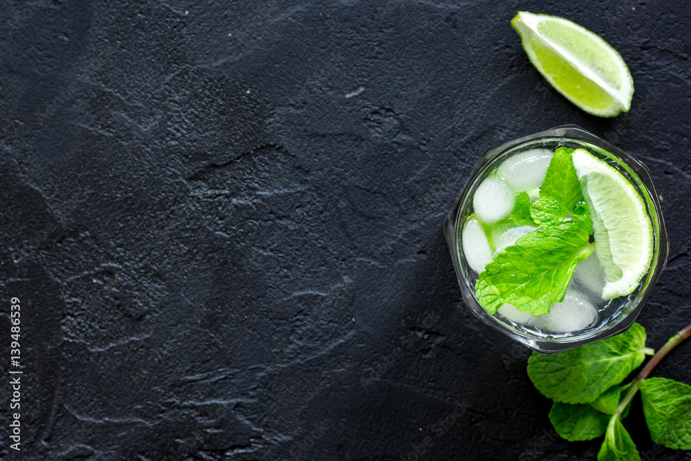 making mojito on dark background top view