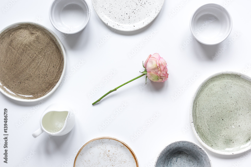 ceramic tableware top view on white background mock up