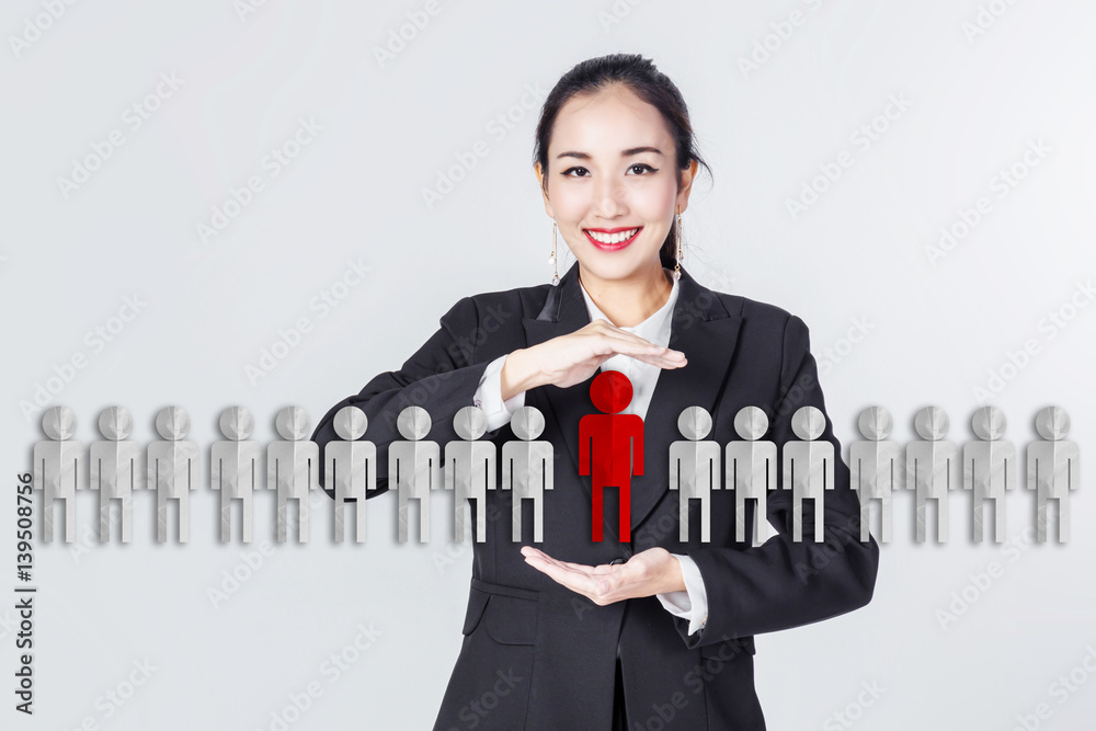 asian business woman smile  and choose man paper show vision business ideas concept