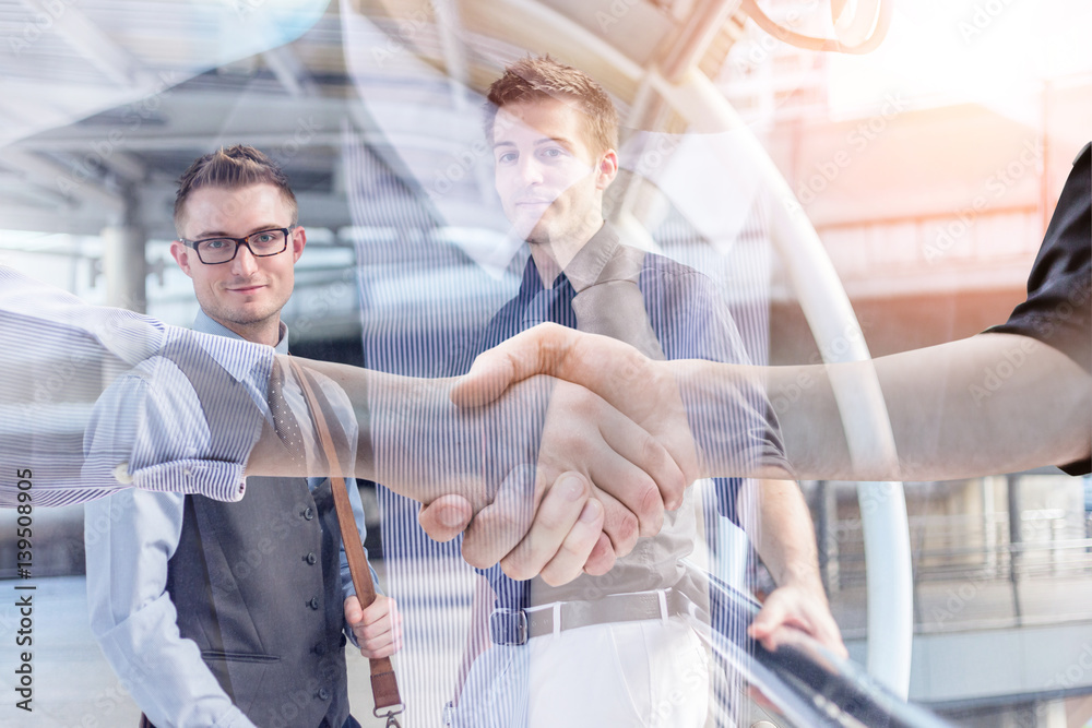 smart handsome business man meeting with his partner outdoor location with urban city background