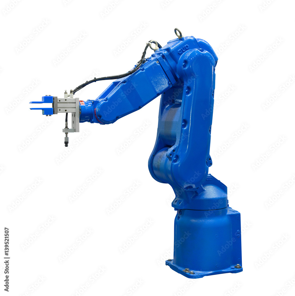 Blue industry robotic arm isolated included clipping path