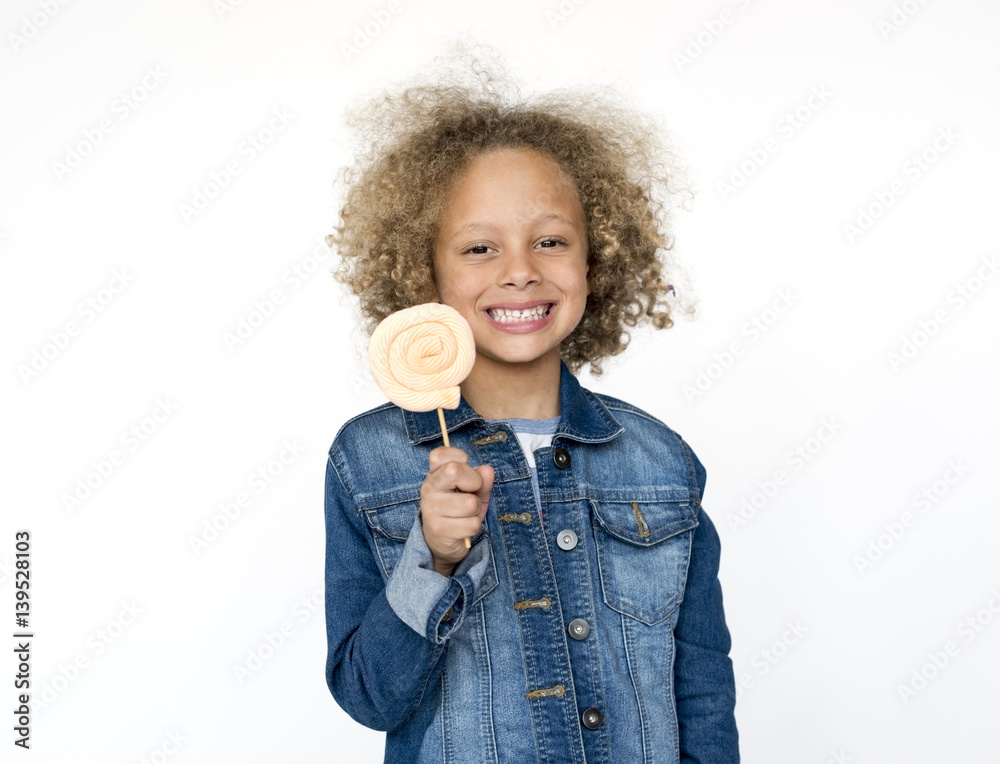 Little Boy Smiling Happiness Studio Portrait Sweet Lollipop