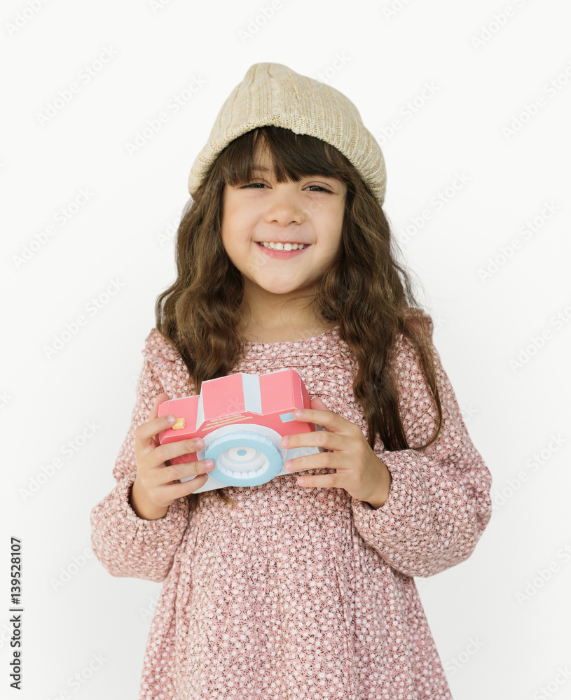 Little Girl Smiling Happiness Paper Craft Arts Camera Photographing Studio Portrait