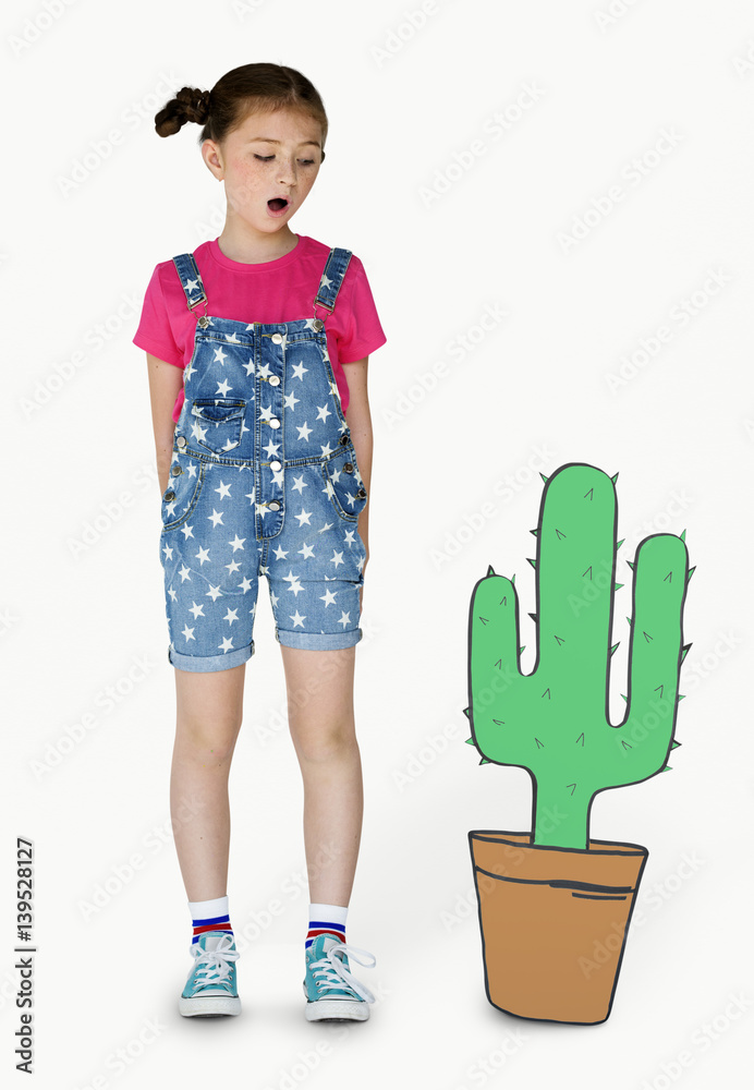 Little Girl Looking Papercraft Cactus