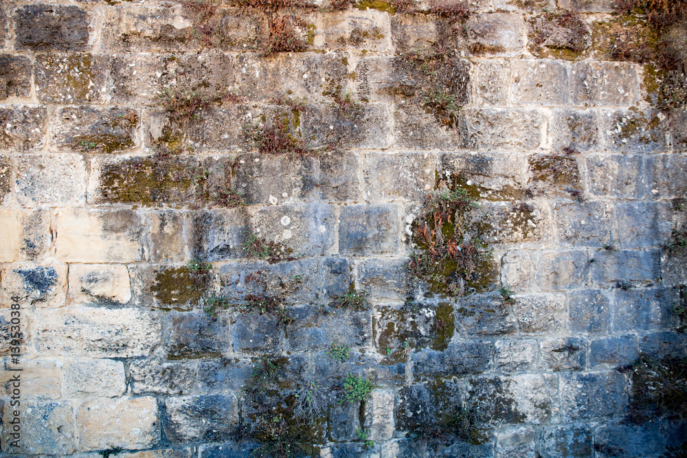 Background of old stone wall. Old town of Lisbon, Portugal. Middle ages texture with moss