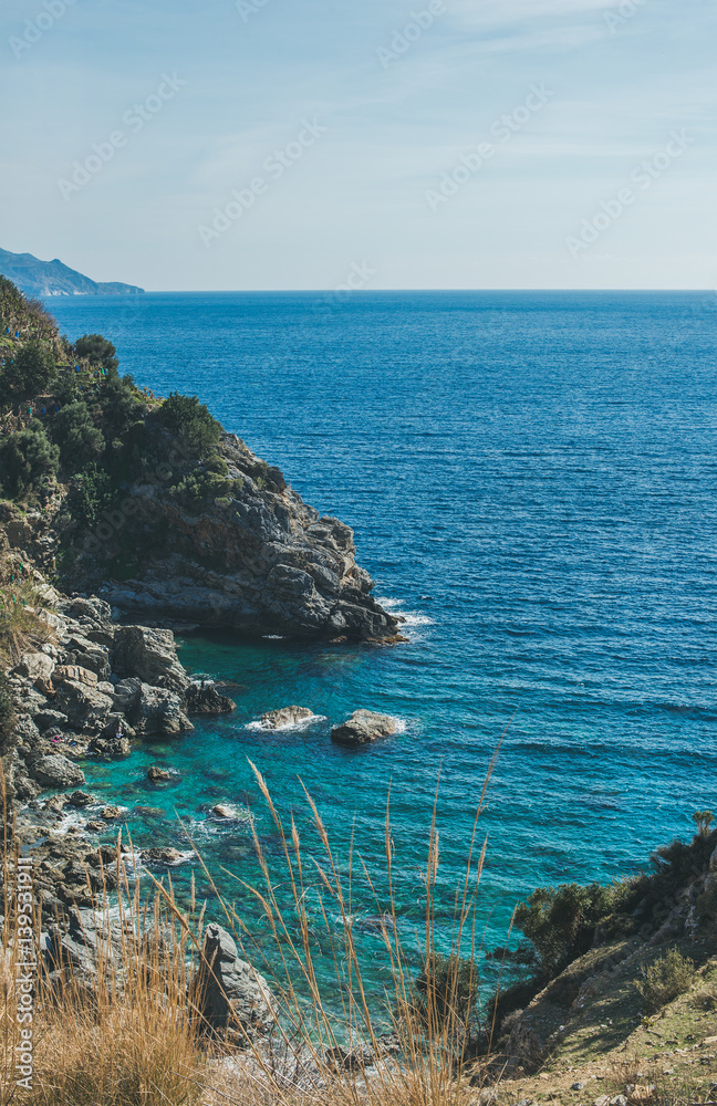 Seascape scenery. Rocks and beautiful natural lagoon at Mediterranean sea coast of Turkey, near Gazi