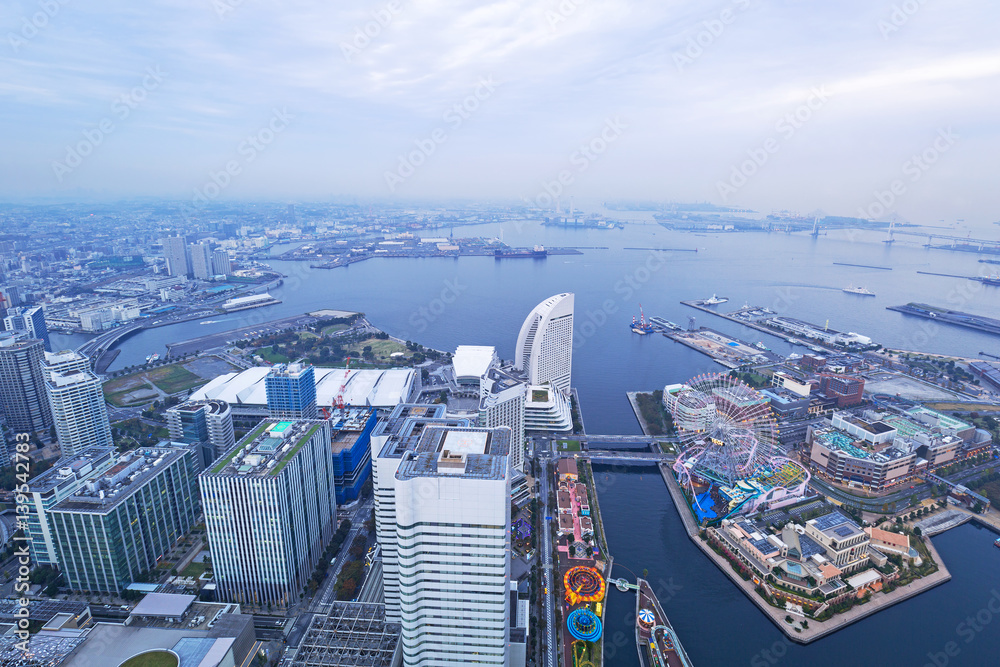 Aerial view of Yokohama city at dusk, Japan