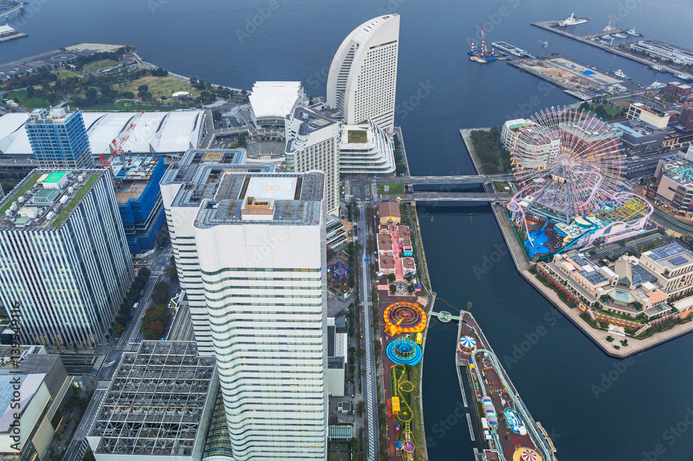 Aerial view of Yokohama city at dusk, Japan