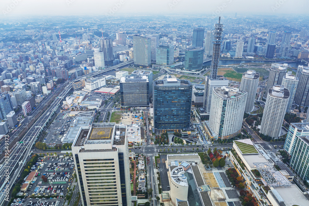 Aerial view of Yokohama city at dusk, Japan