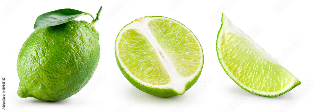 Lime with leaf isolated on white background. Collection