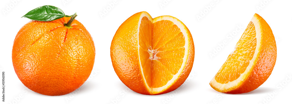 Orange fruit with leaf isolated on white background. Collection.