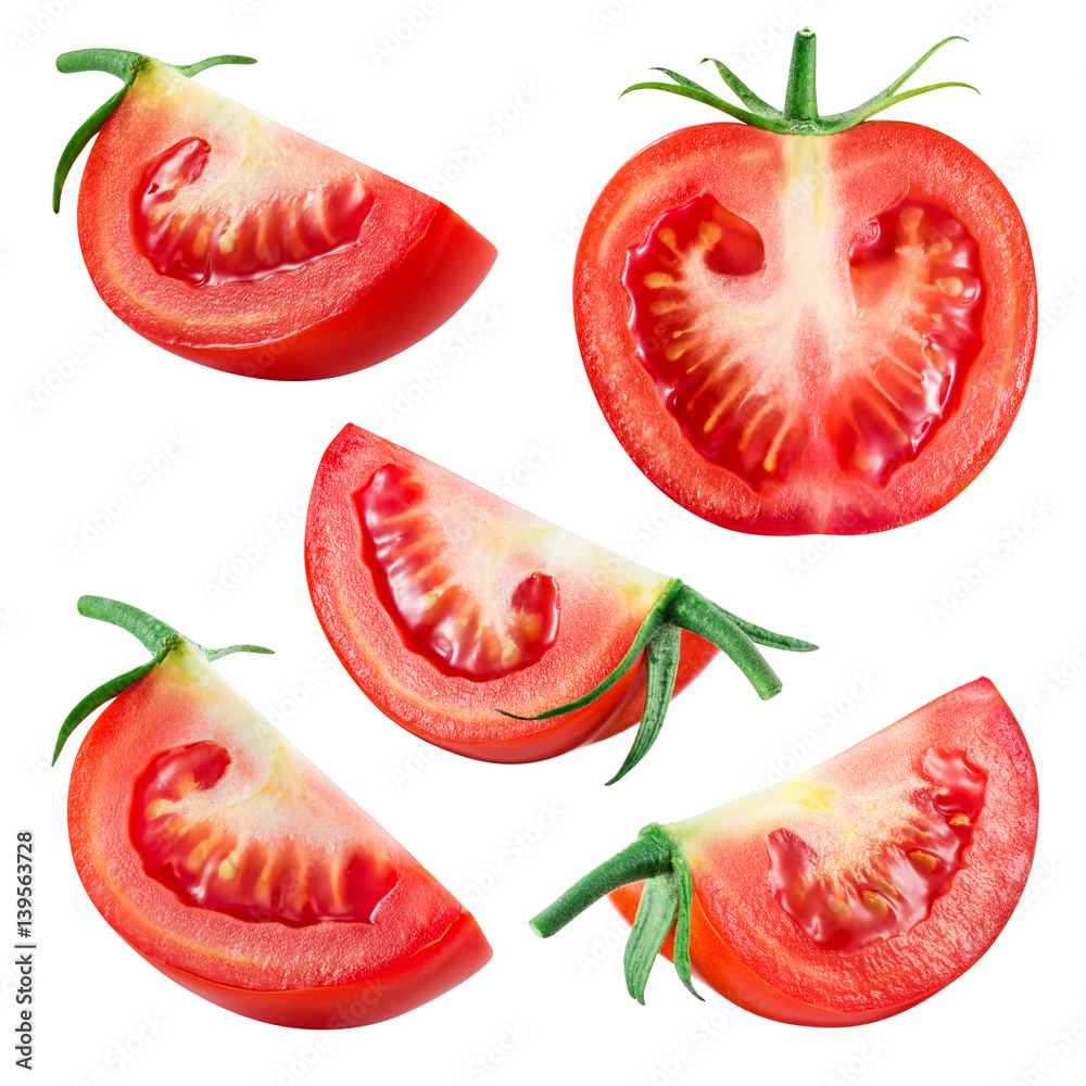 Tomato. Fresh vegetable isolated on white. Whole, half, slice, piece, quarter, section, segment. Col