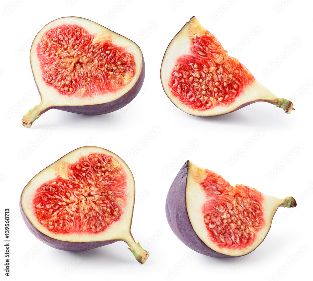 Fresh cut fig. Pieces of fruit. Half and quarter isolated on white background. Collection. With clip