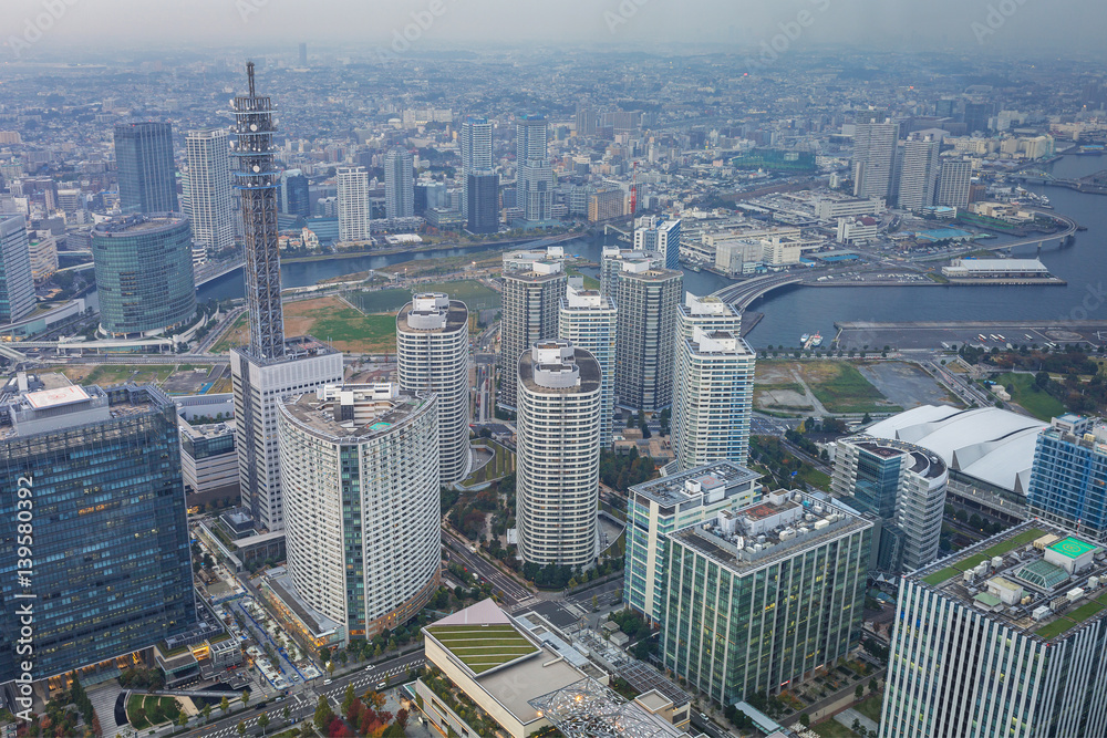 Aerial view of Yokohama city at dusk, Japan