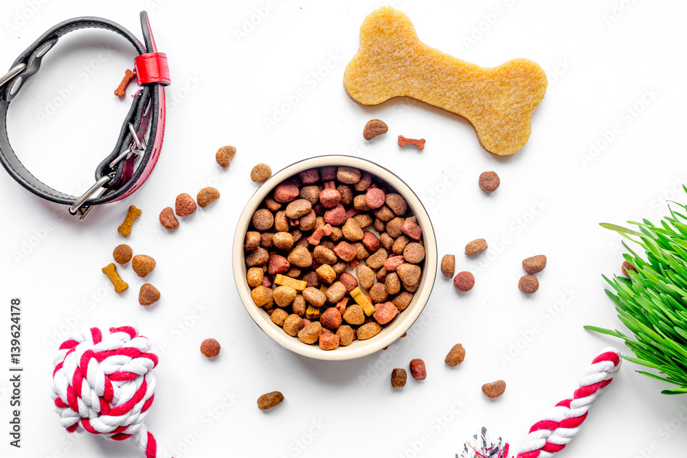 dry dog food in bowl on white background top view