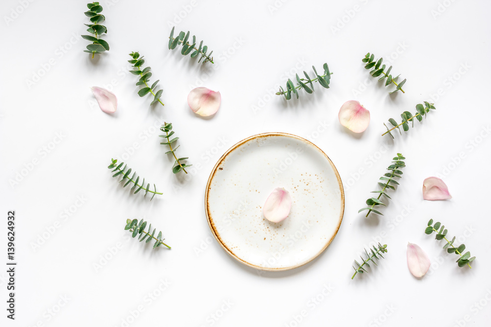 light breakfast disign with flowers on white table top view mock up