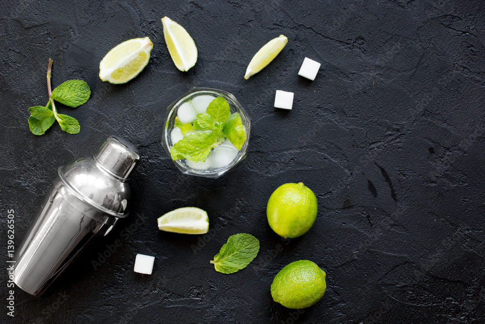 making mojito on dark background top view