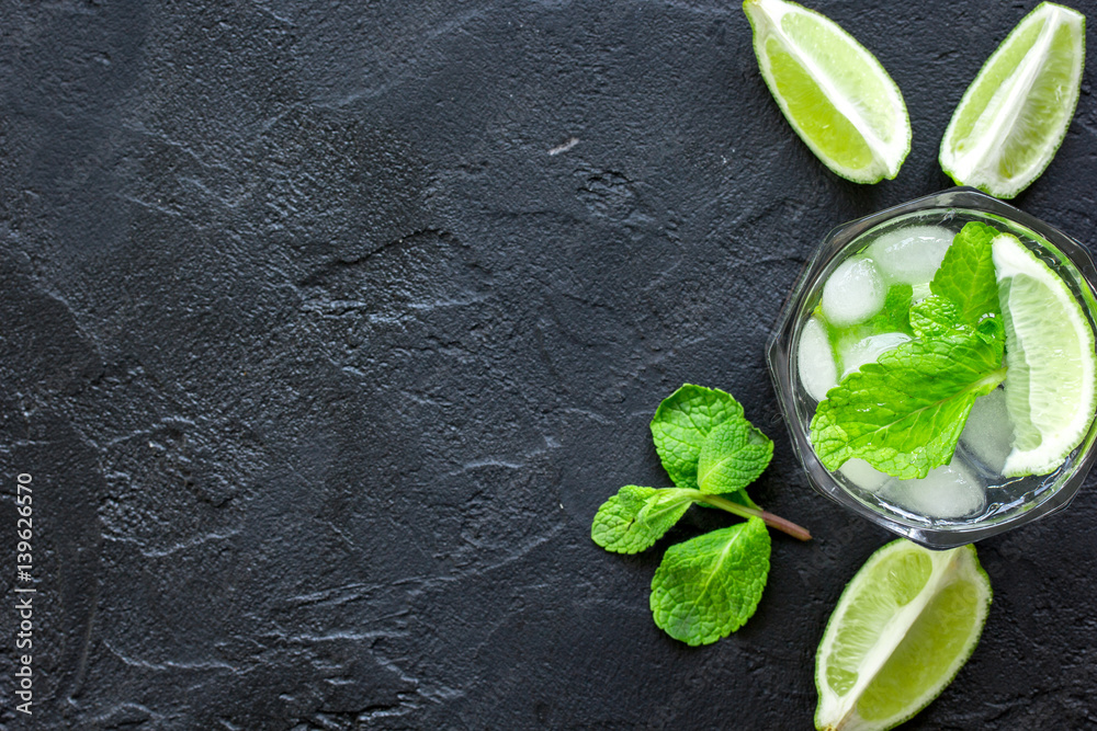 making mojito on dark background top view