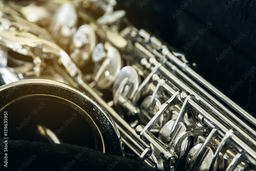 Tenor sax saxophone macro with selective focus on black