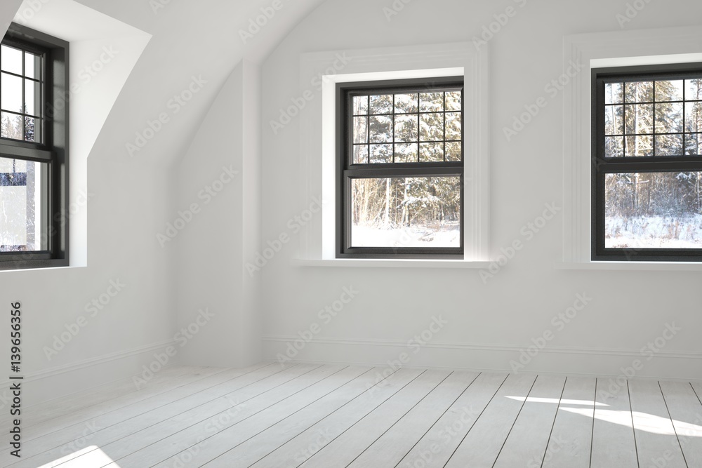 White empty room with winter landscape in window. Scandinavian interior design. 3D illustration