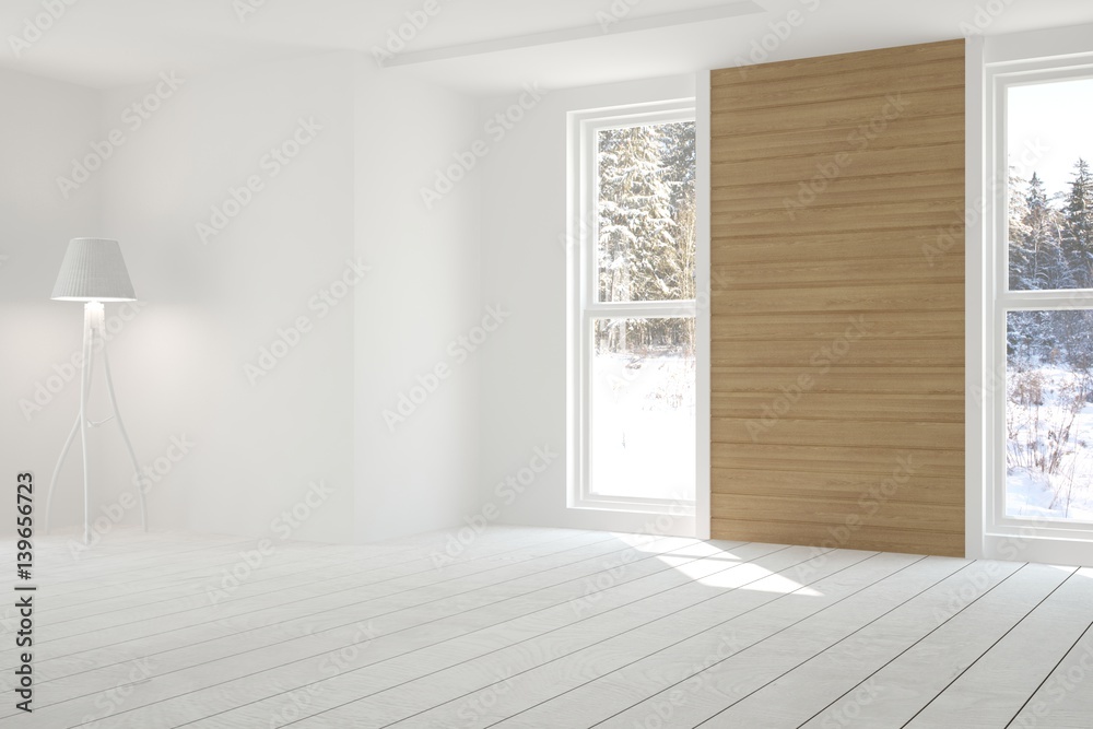 White room with lamp and winter landscape in window. Scandinavian interior design. 3D illustration