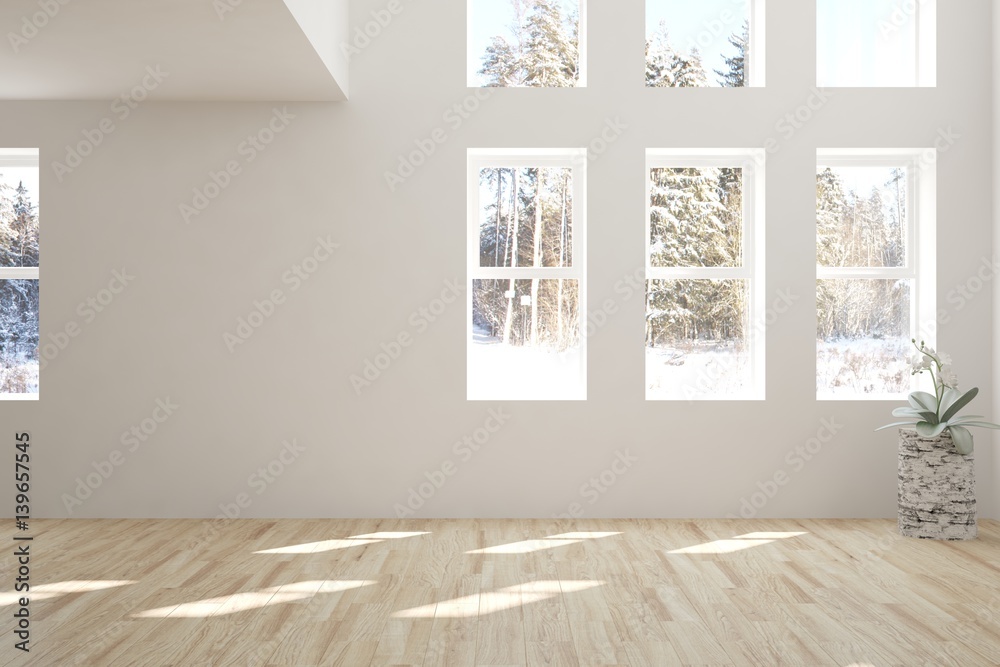 White empty room with winter landscape in window. Scandinavian interior design. 3D illustration