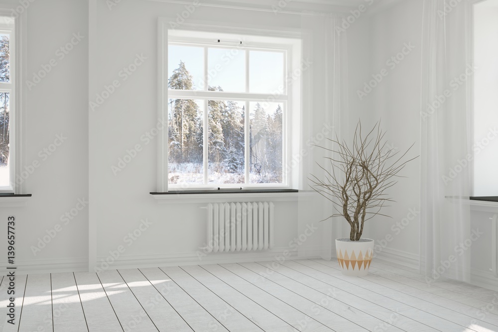 White empty room with winter landscape in window. Scandinavian interior design. 3D illustration