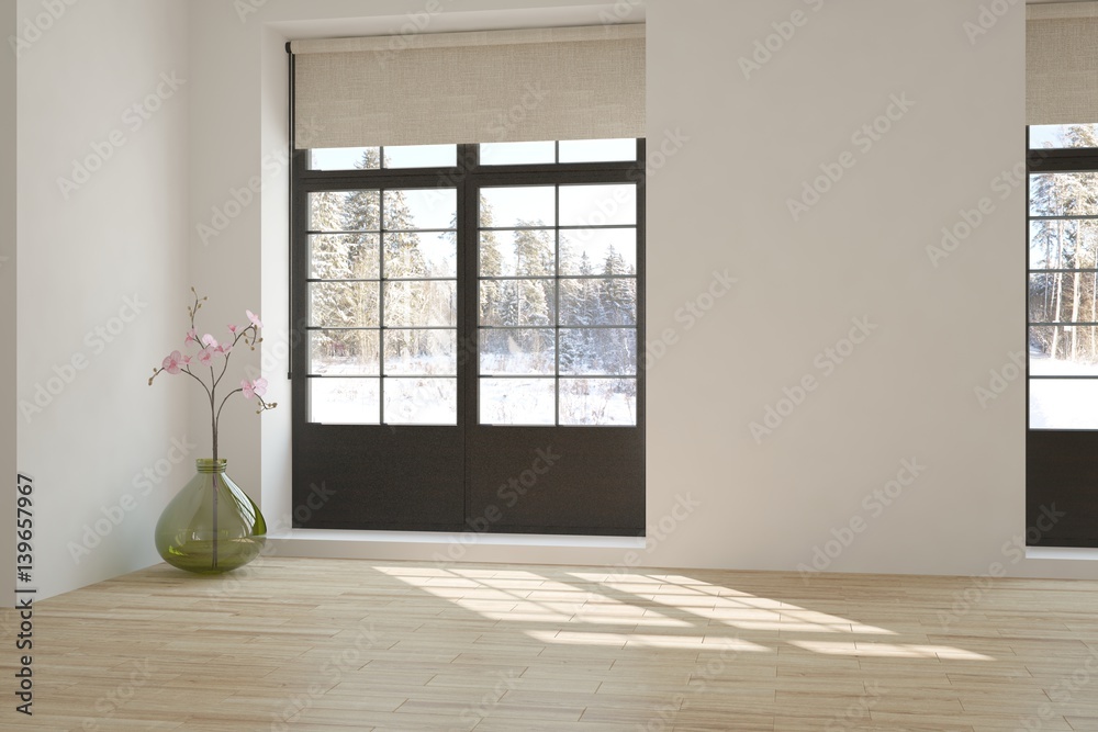 White empty room with winter landscape in window. Scandinavian interior design. 3D illustration