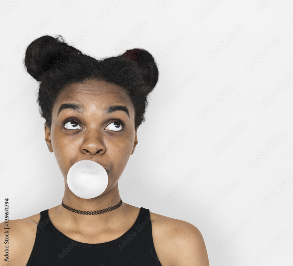 African Woman Blowing Bubble Gum Playful Portrait