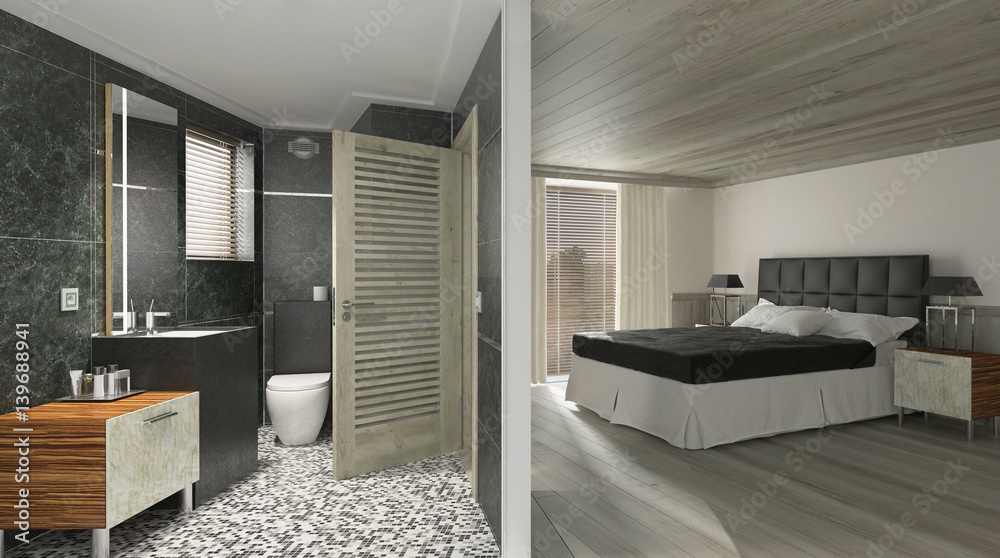 Interior of modern bedroom with private bathroom