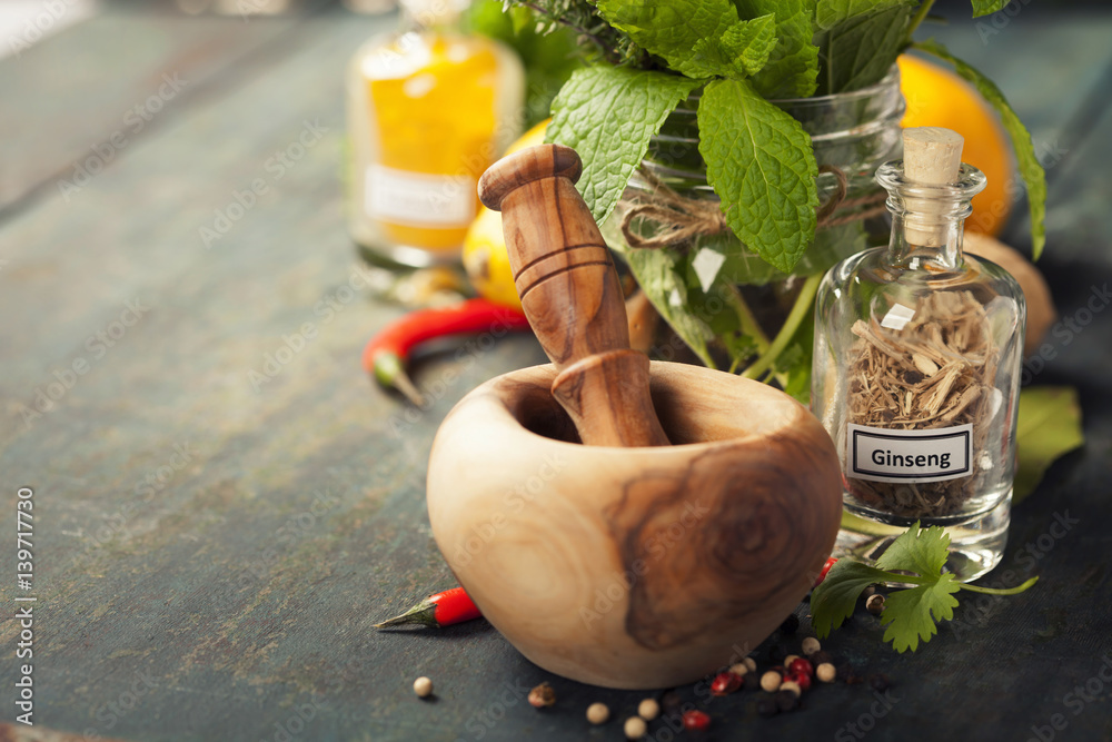 Herbs and spices with Mortar and Pestle