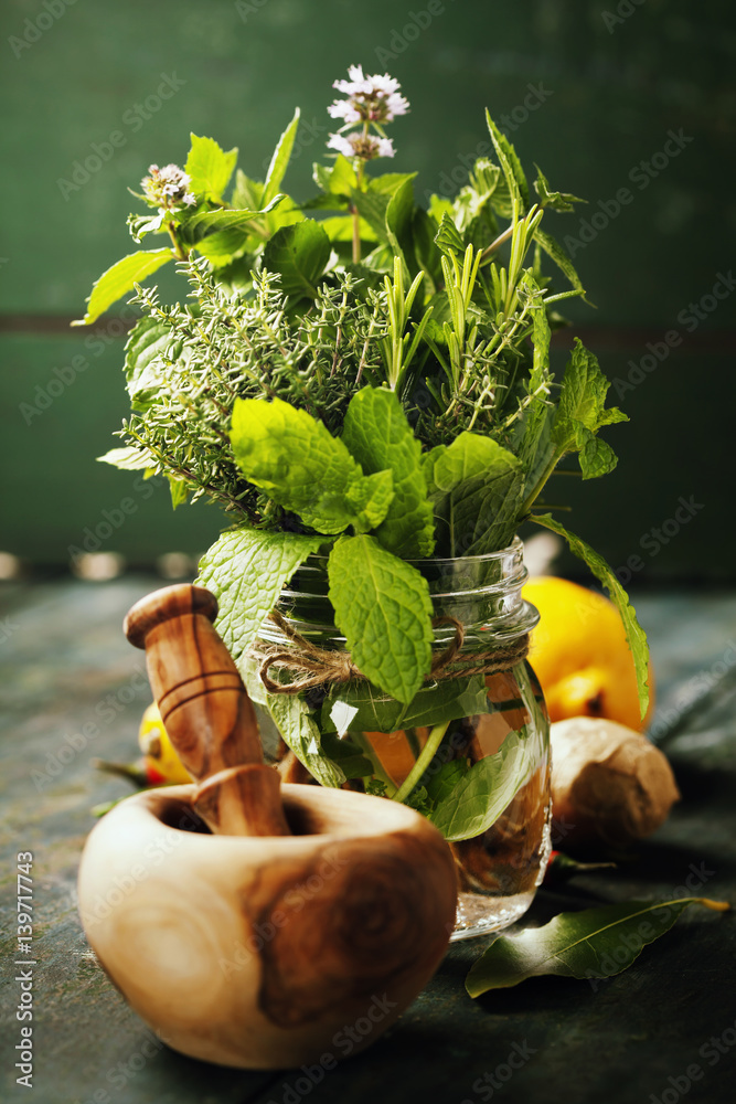 Herbs and spices with Mortar and Pestle