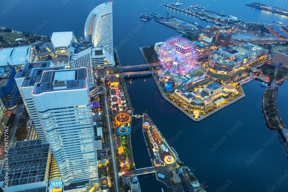 Aerial view of Yokohama city at dusk, Japan