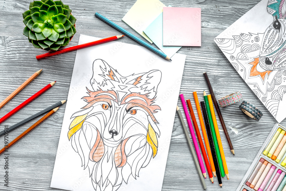 coloring picture for adults on wooden background top view