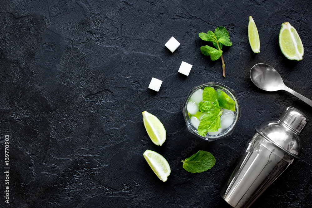 making mojito on dark background top view