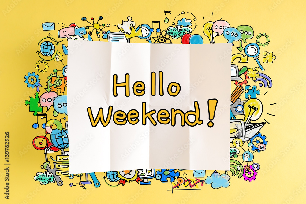 Hello Weekend text with colorful illustrations