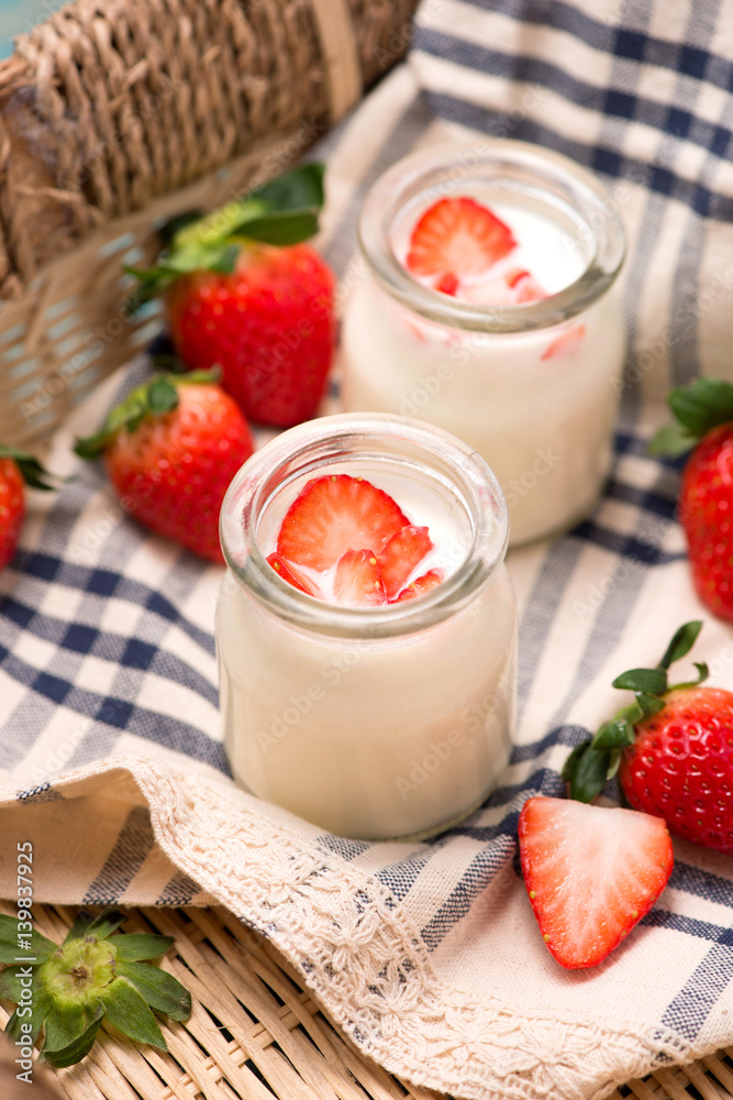 Strawberry Yoghurt. Healthy food with Strawberries and yoghurt breakfast on table.