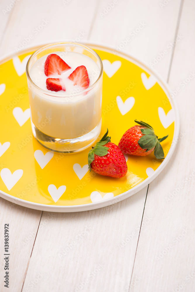 Strawberry Yoghurt. Healthy food with Strawberries and yoghurt breakfast on table.