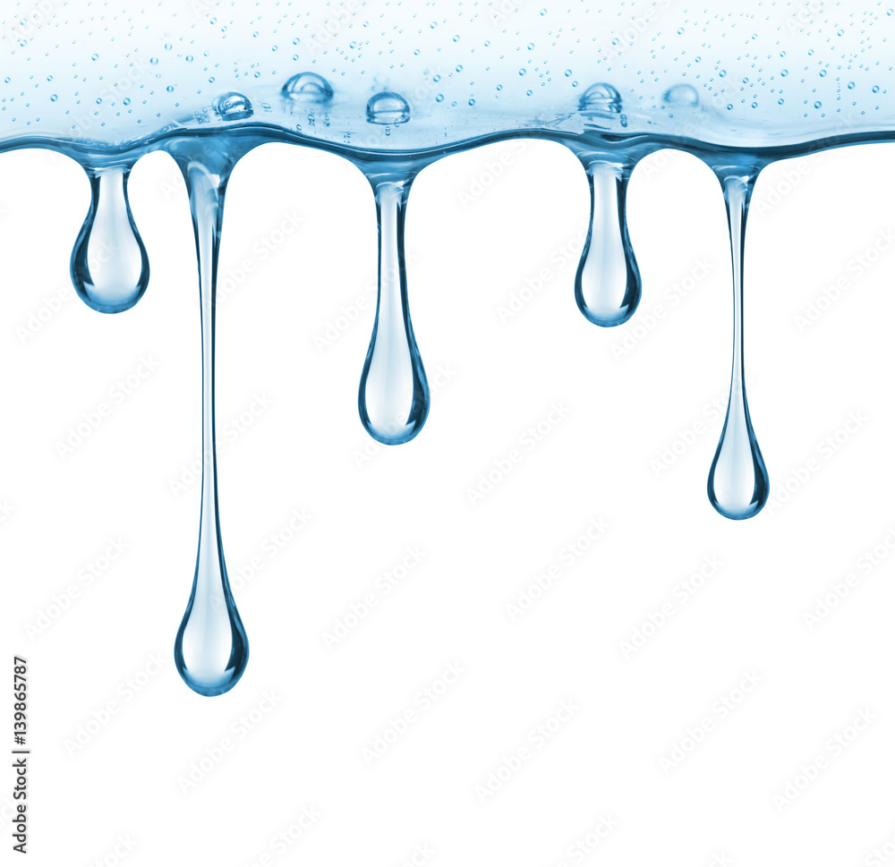 Stretched drops of transparent thick gel on white background