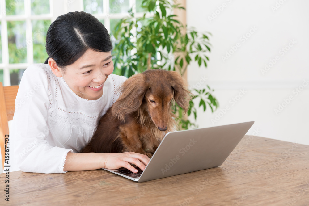 young asian woman with dog using laptop computer