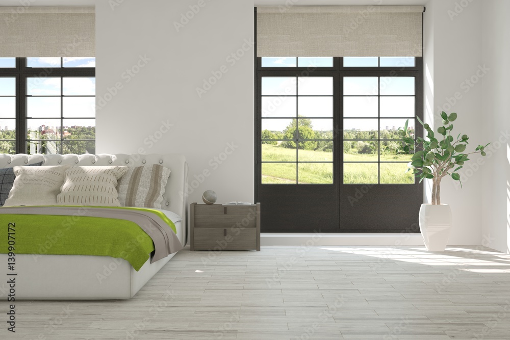 White bedroom with green landscape in window. Scandinavian interior design. 3D illustration