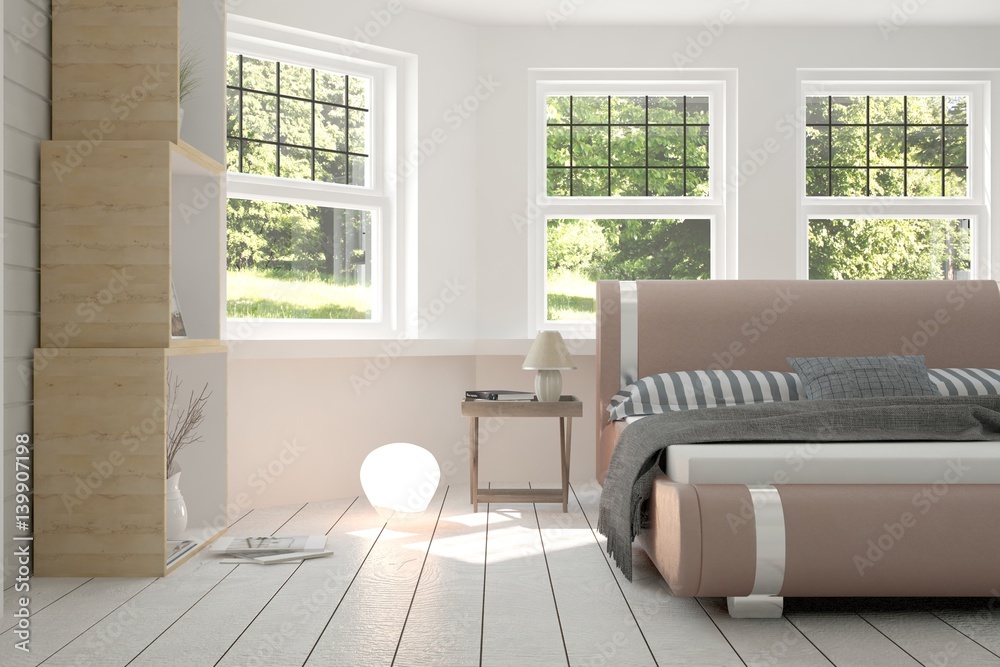 White bedroom with green landscape in window. Scandinavian interior design. 3D illustration