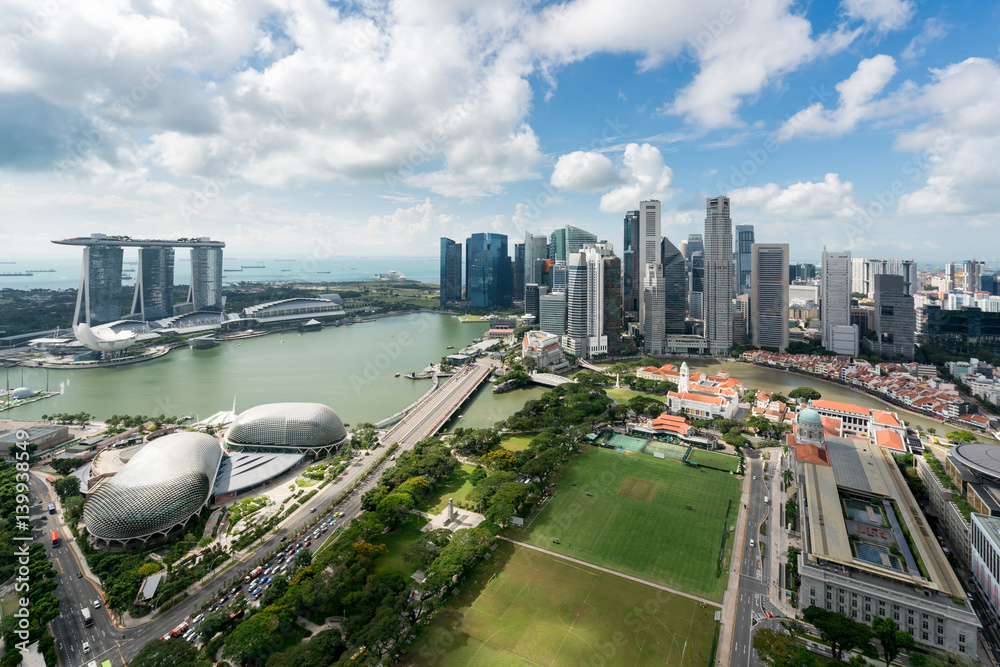 Aerial view of Singapore business district and city at twilight in Singapore, Asia.