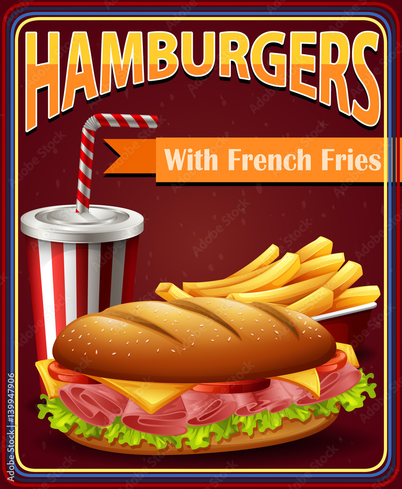 Advertisement board with hamburgers and fries