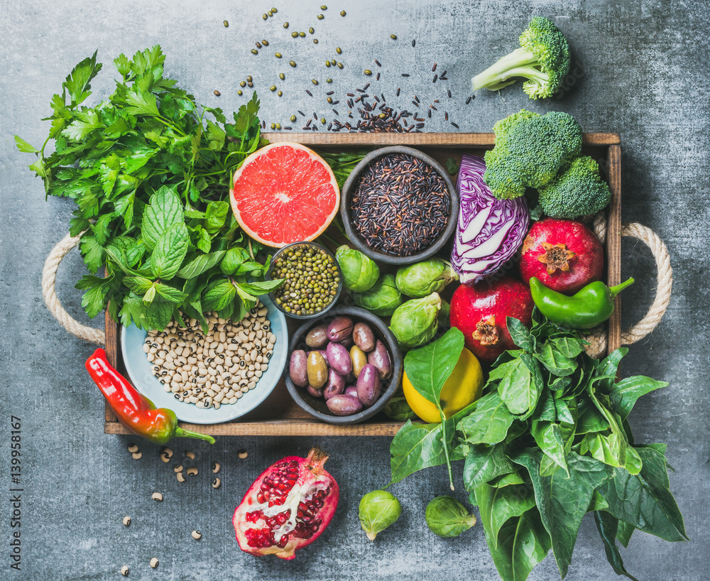 Vegetables, fruit, seeds, cereals, beans, spices, superfoods, herbs, condiment in wooden box for veg