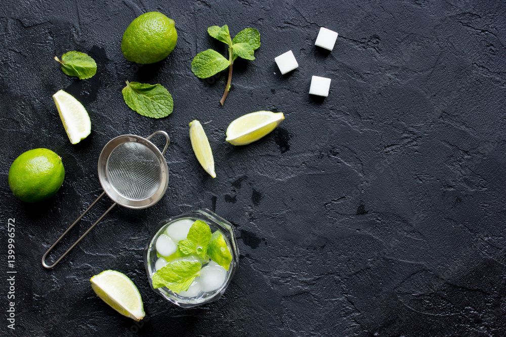 making mojito on dark background top view