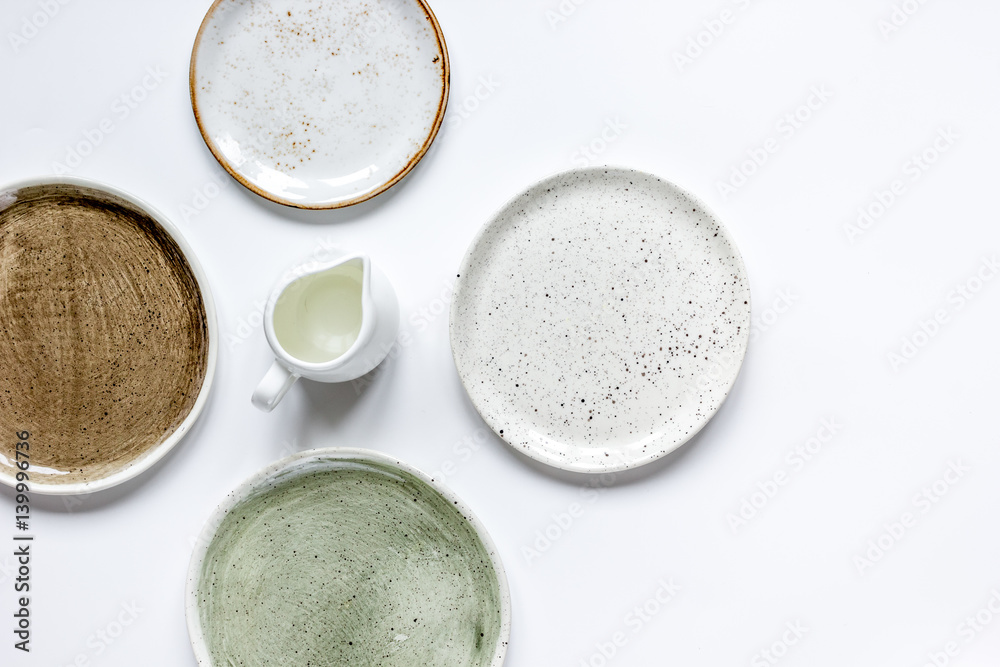 ceramic tableware top view on white background mock up