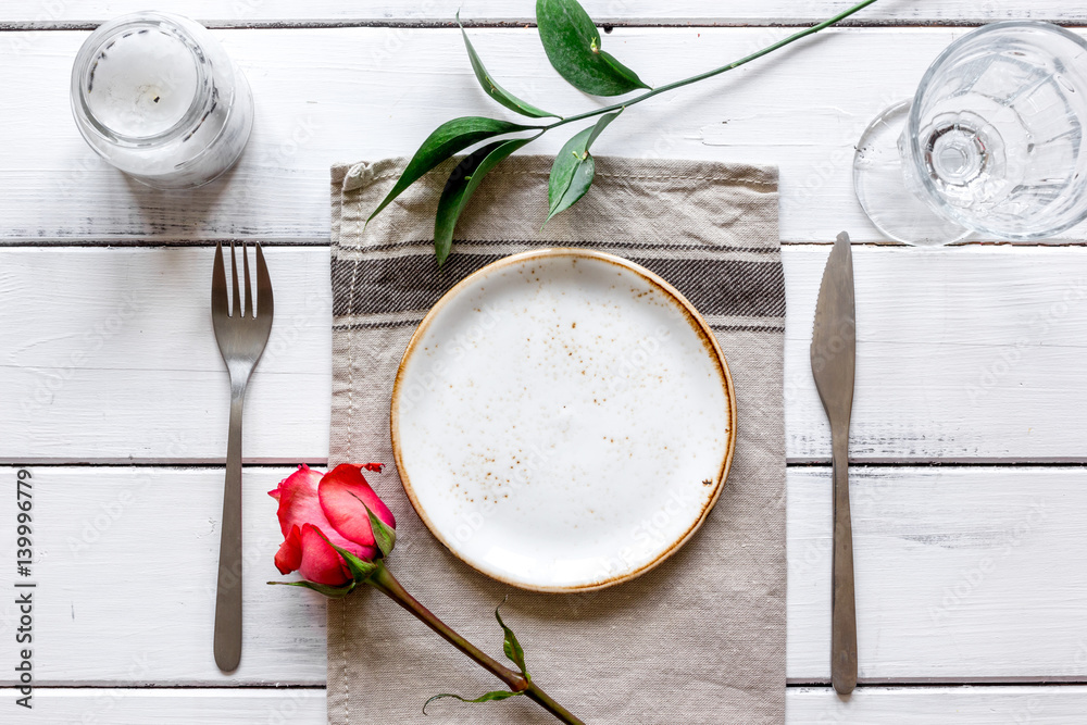 ceramic tableware top view on wooden background mock up